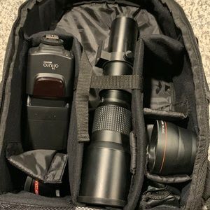 Backpack with camera lenses